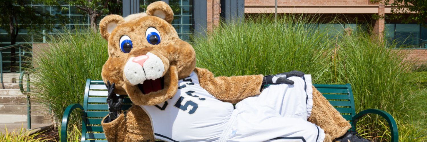 Clyde the Mascot laying across the bench